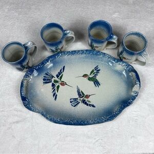 5pc Hand Made & Painted Pottery Platter With 4 Matching Mugs Hummingbird Motif